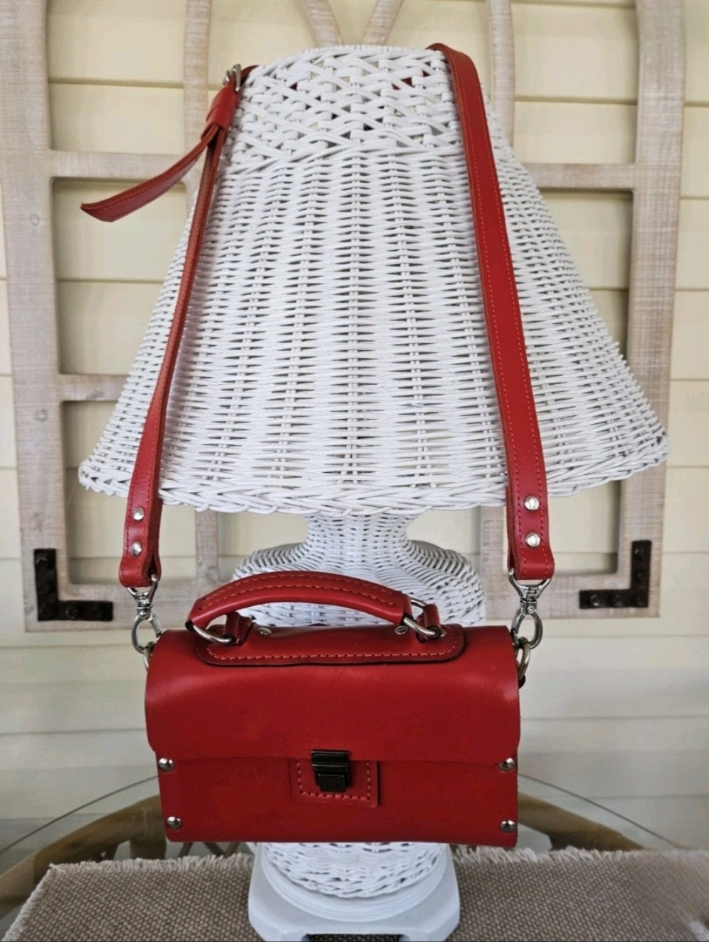 Red Leather Top-Handle Crossbody Bag - Hand Crafted